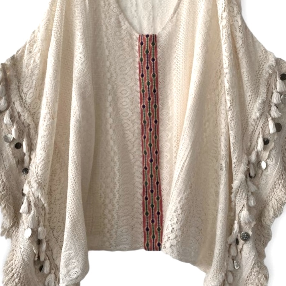 Avani Del Amour pullover Boho 100% Cotton crochet hippie Fringe poncho Size S/M - Picture 12 of 15